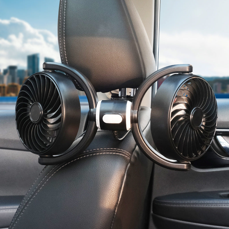 Dual Head USB Car Rear Seat Fan — 3-Speed Backseat Cooling Fan with Adjustable Twin Heads